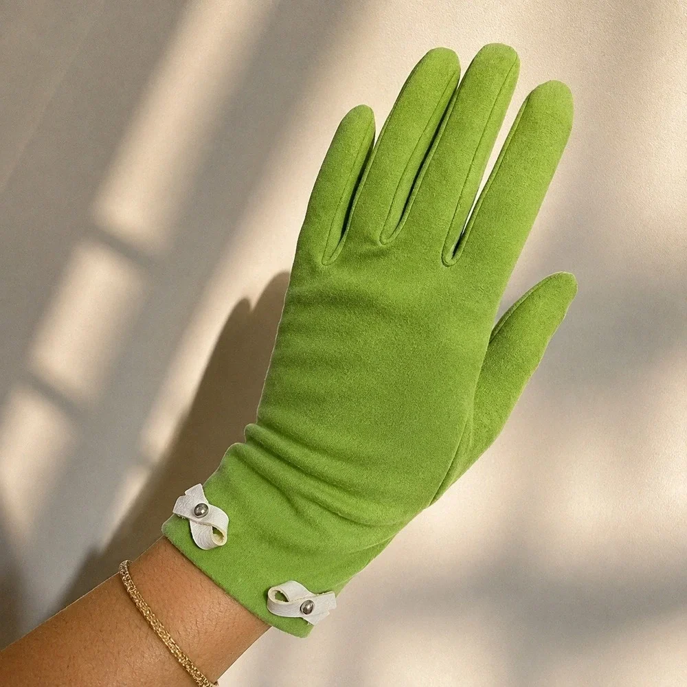 True Vintage 60s Mod Green Suede Gloves White Leather Bow Stud Detail Coquette